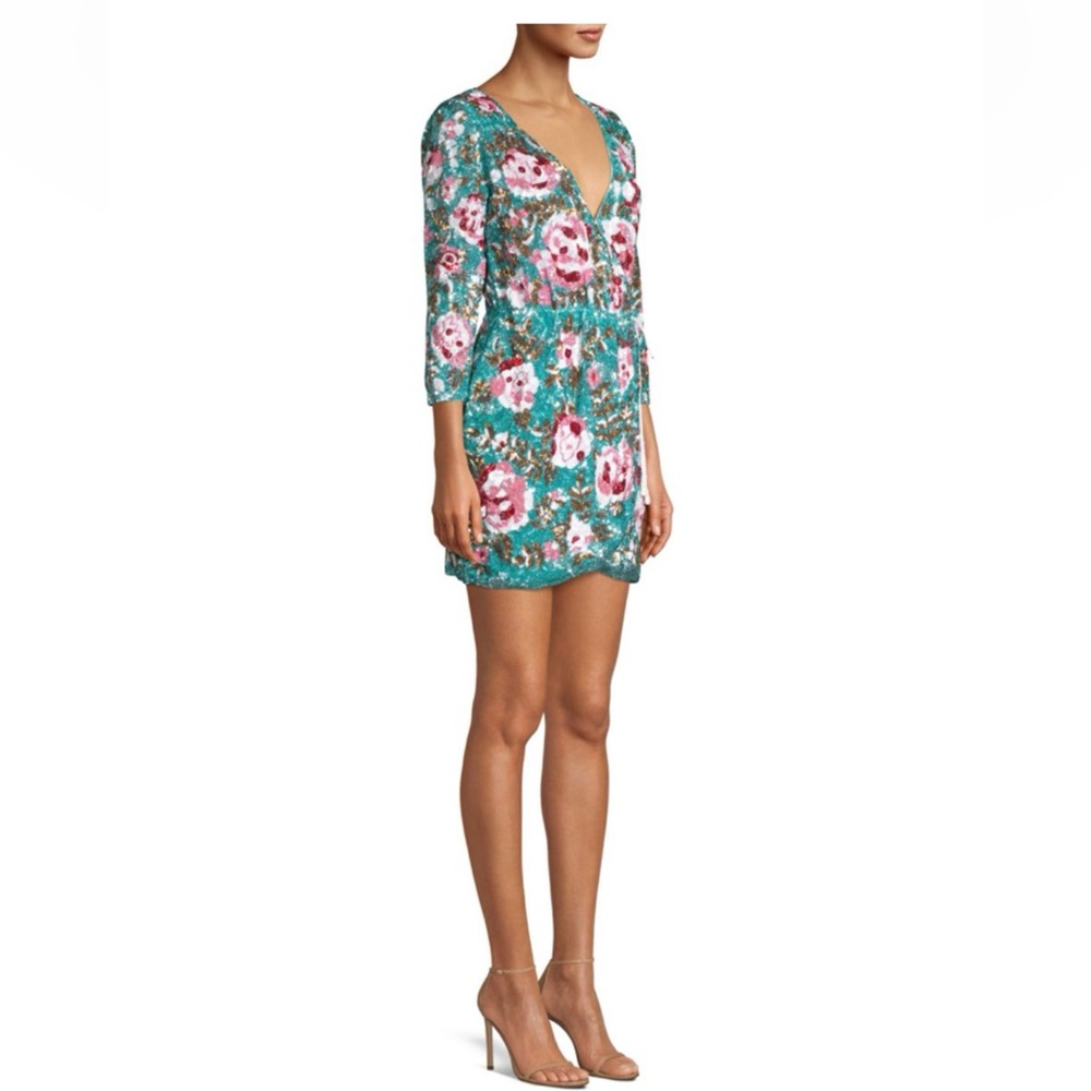 Retrofete Blue Floral Pattern Sequin Embellished Crepe Wrap Dress S - NWT - Picture 3 of 15